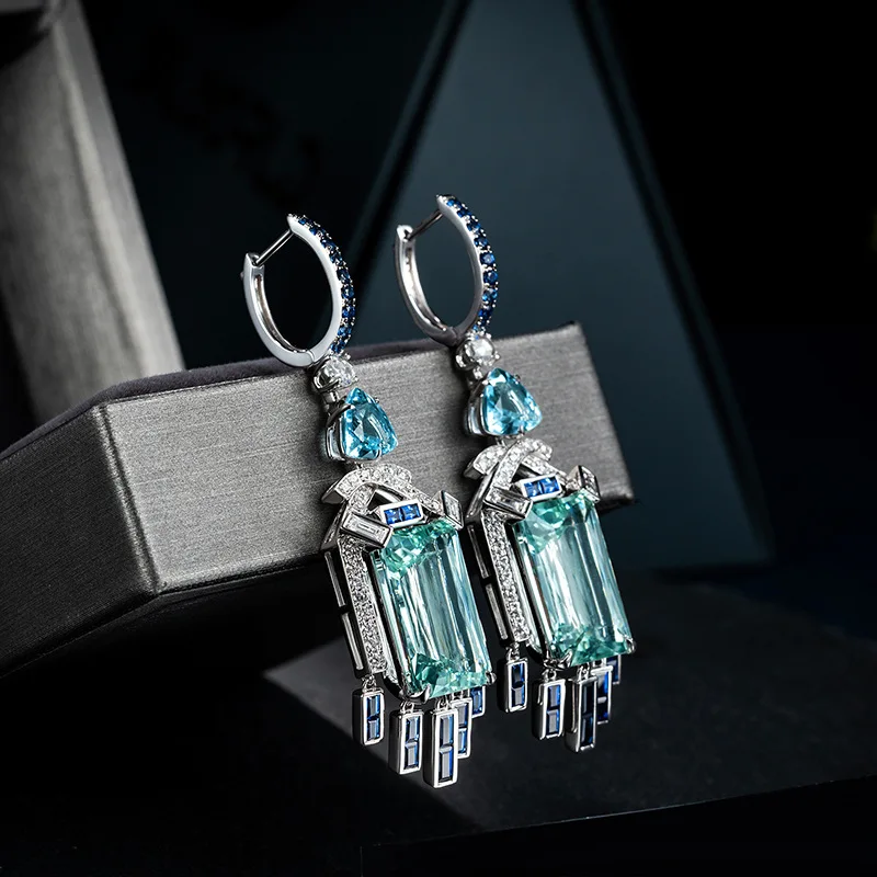 

RUZZALLATI Vintage Long Tassel Drop Earring Aquamarine Stone Pendant Dangle Silver Color Retro Ethnic Wedding Party Jewelry