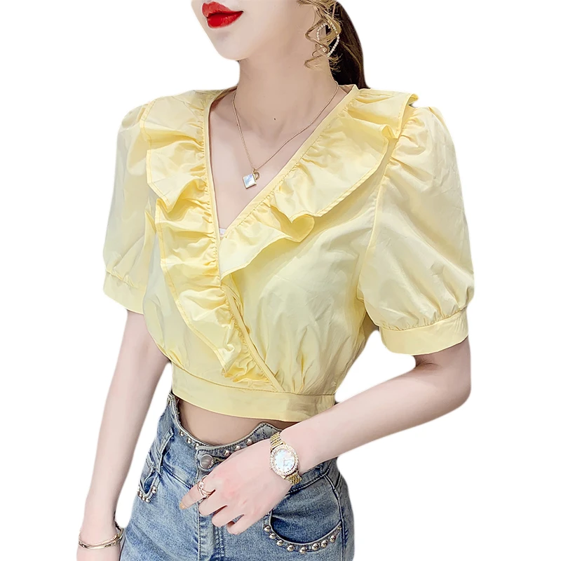 

Puff Sleeve Short Sleeve Shirt for Women 2021 Summer New French Style Retro V-neck Ruffle Top Short Shirt