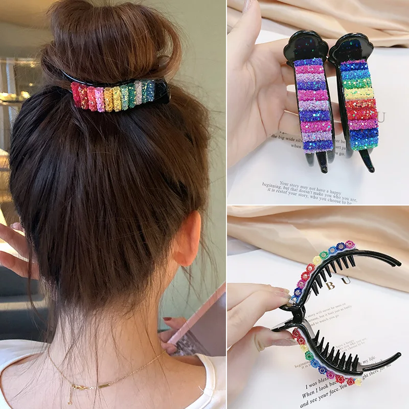 

Rainbow headband hairpins Korean back head pearl catch clip girl temperament easy disk hair ornament cute headdress for women