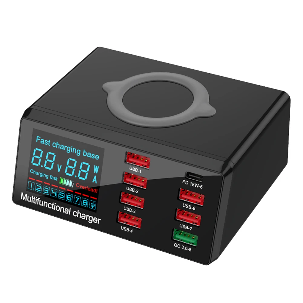 X9 100W 8 Port USB Charger Hub PD Quick Charge 3.0 Adapter LED Digital Display Desktop Charging Station Wireless onX9 100W 8 Портовая зарядная станция USB с PD быстрой зарядкой 3.0 Адаптер LED цифровым дисплеем для настольной зарядки Беспроводная активна.