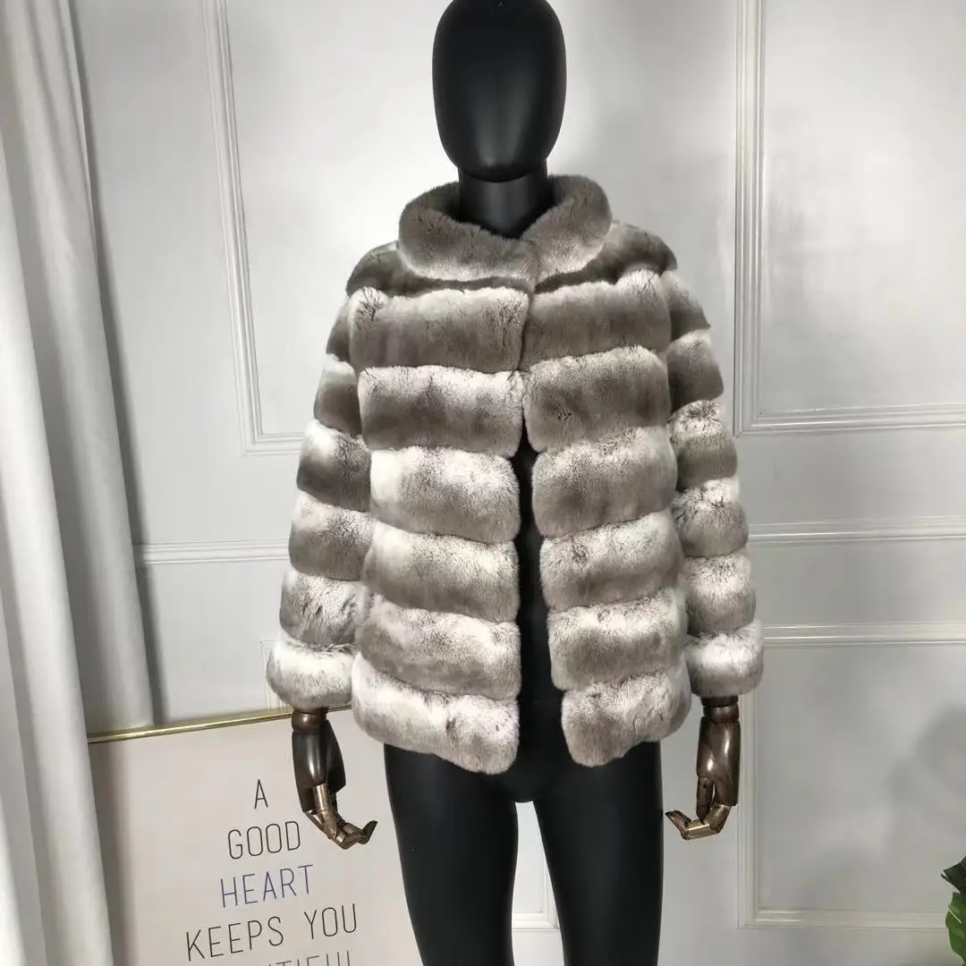 

CNEGOVIK Cropped Chinchilla Color Coat Women Real Rex Rabbit Fur Jacket With Stand Collar 2021 New Arrival