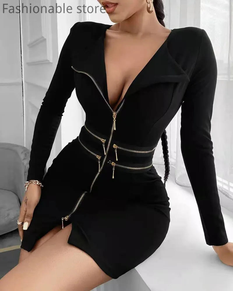 

Black Sexy Women's V-neck Long Sleeve High Waist Zippers Sheath Dresses