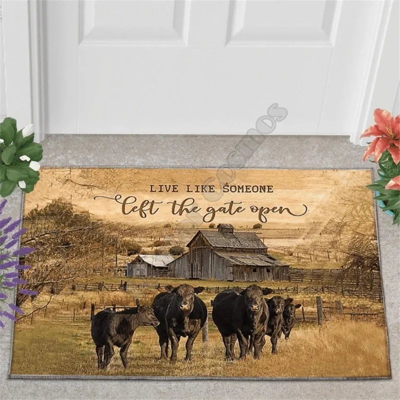 

Erugear Black Angus Cattle Left The Gate Open Doormat 3D All Over Printed Non Slip Door Floor Mats Decor Porch Doormat