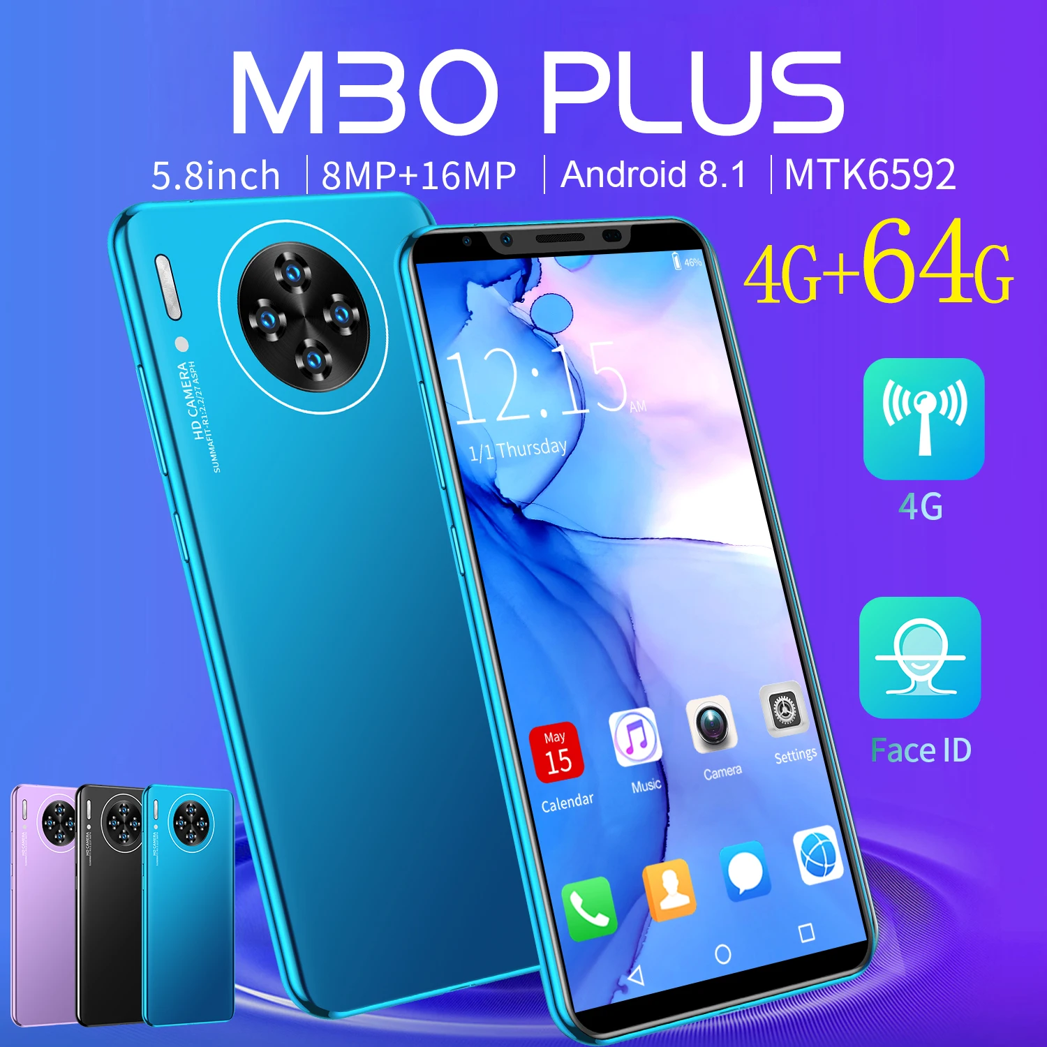

Hot Sale Cheap Phone M30plus MTK6592 10Core 5.8Inch Smartphone 4GLTE 4+64G 8MP+16MP 4800MAH Face Fingerprint ID Android 8.1