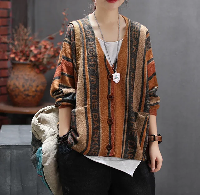 Autumn Sweater Women Retro Loose Knitting jackets 2019 New Ladies Cardigan Tops Long-sleeved pocket Print Casual Coat |