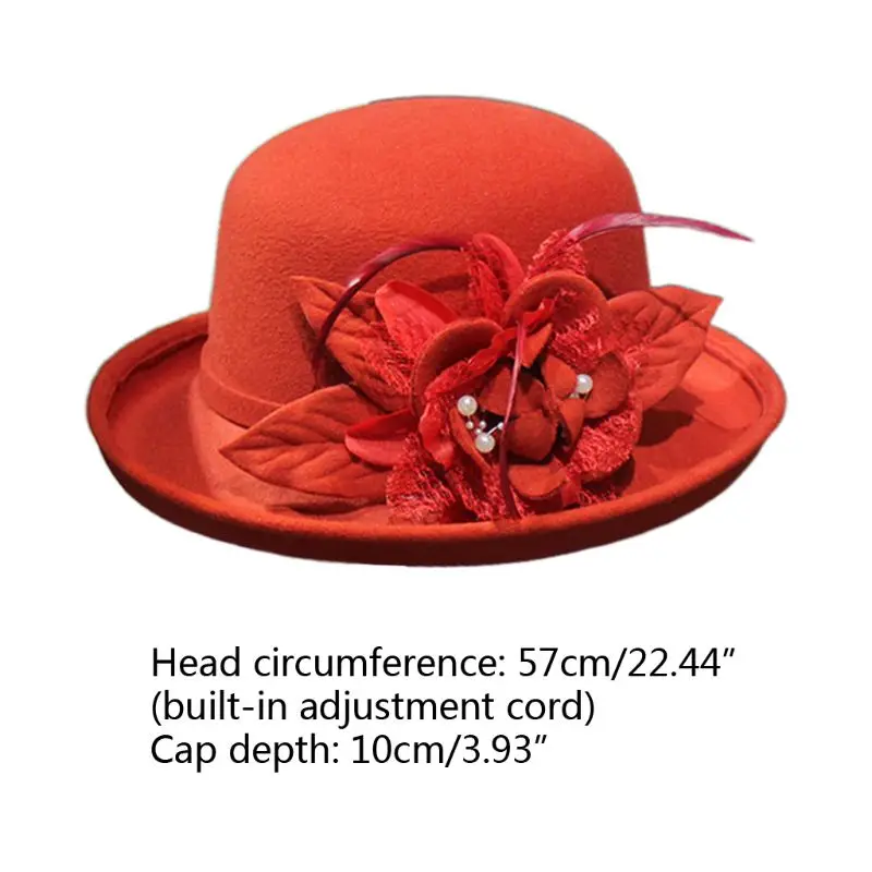 

Womens Winter Vintage Faux Felt Trimmed Bucket Cap Flower Feather Imitation Pearl Bowknot Elegant Wedding Church Trend Top Hat