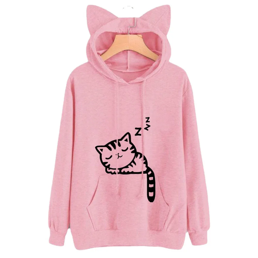 

2021 Autumn Winter New Large Size Loose Women's Tops Kawaii Cat Ears Shirt Fleece Printed Cat Hooded Long-sleeved Sweater Womens