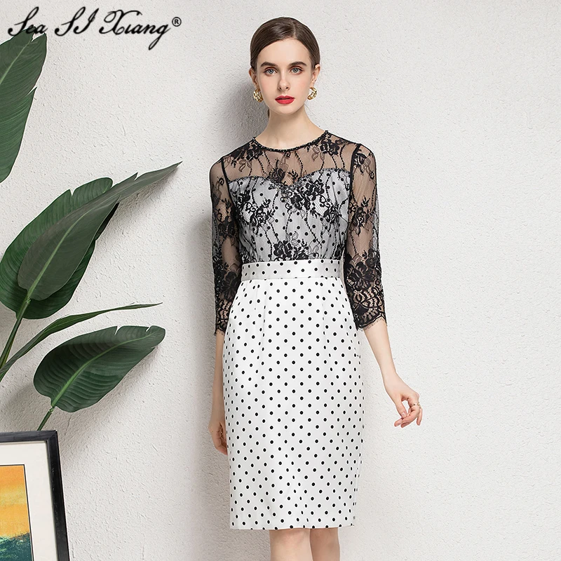 

Женское кружевное платье-карандаш Seasixiang, летнее офисное лоскутное платье с вышивкой бисером и принтом в горошек