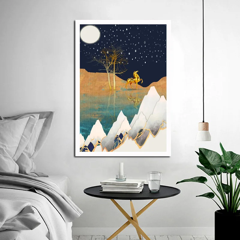 Настенная живопись холст абстрактный постер Золотой пейзаж лошадь звездная