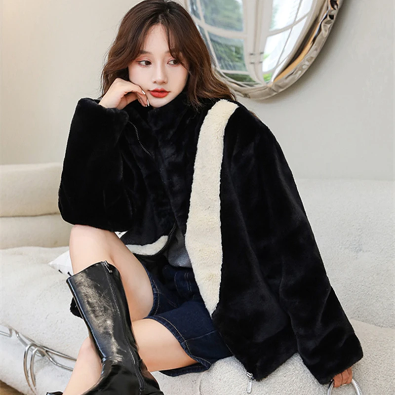 Big hook fur imitation mink stand collar large size casual jacket winter lamb velvet jacket mid-length jacket Office Ladyzipper