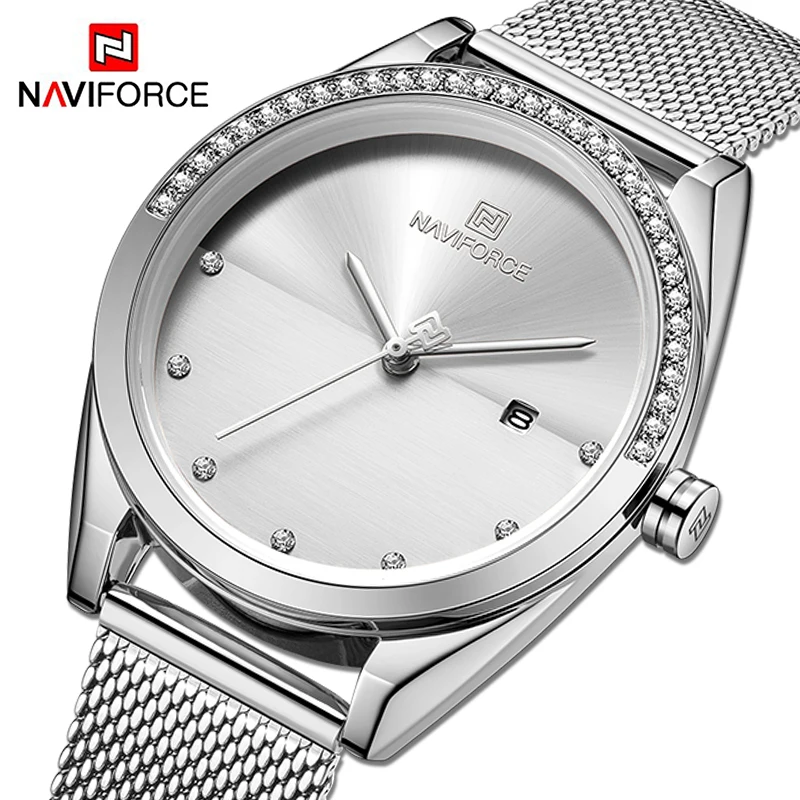 Часы NAVIFORCE женские кварцевые со стразами роскошные стальные наручные с браслетом
