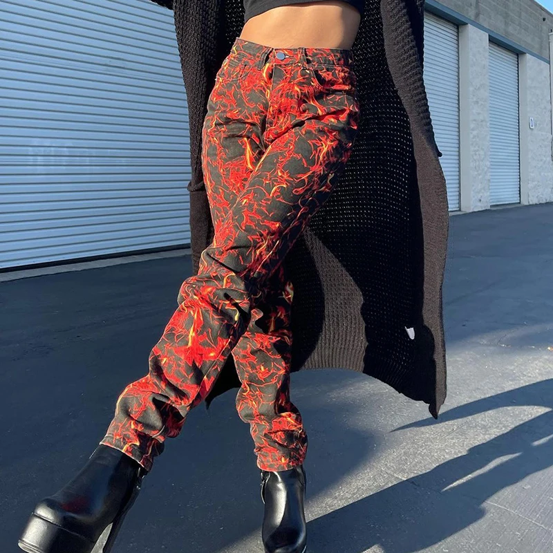 

Flame Print High Waisted Y2k Pants For Women Fashion 2021Chic Aesthetic Casual Long Trousers For Female Bottoms Streetwear