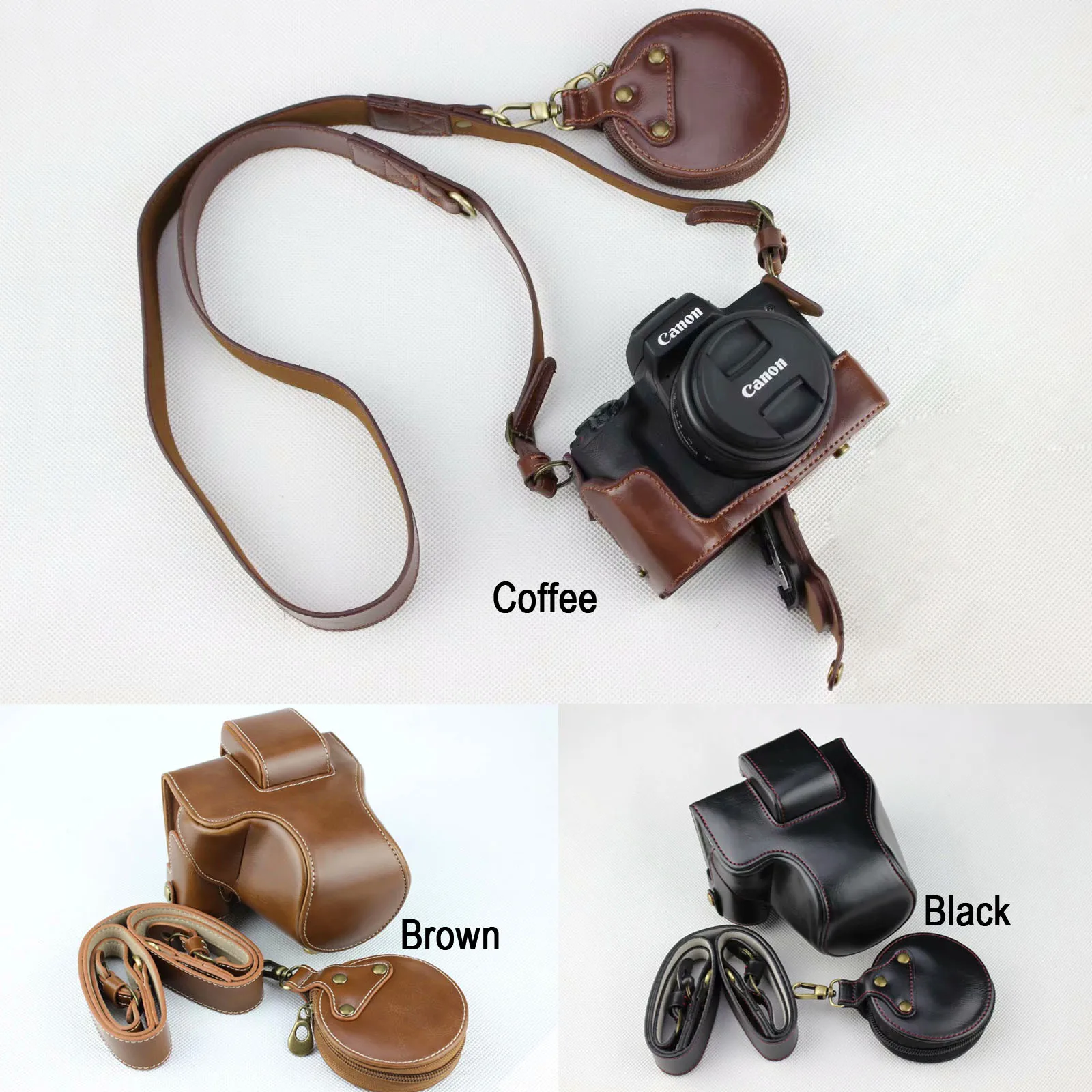 

Leather Camera Hard case Bag Grip strap for Canon Eos M50 With 15-45 Lens