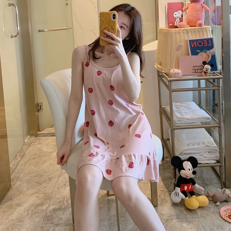 

2020 Summer Sexy Lingerie Spaghetti Strap Nightgown for Women Print Sleepwear Girls Cute Night Gown Nightdress Home Dress Nighty