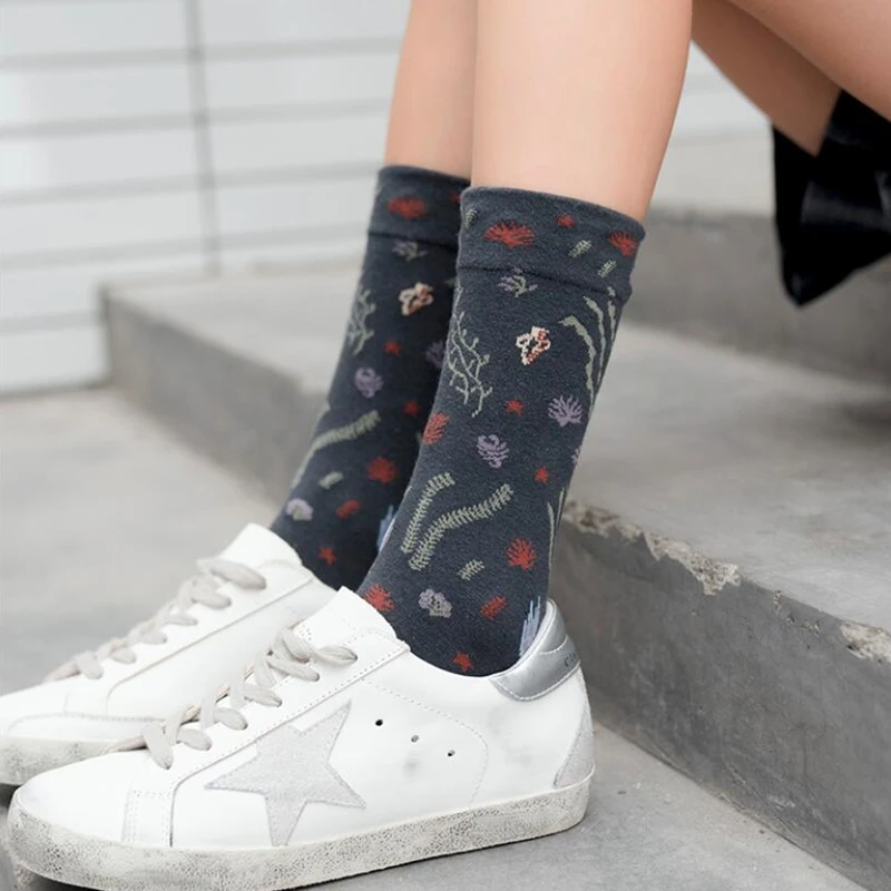 2 шт./1 пара женские носки забавные милые модные яркие Botany листья лотоса цветочные