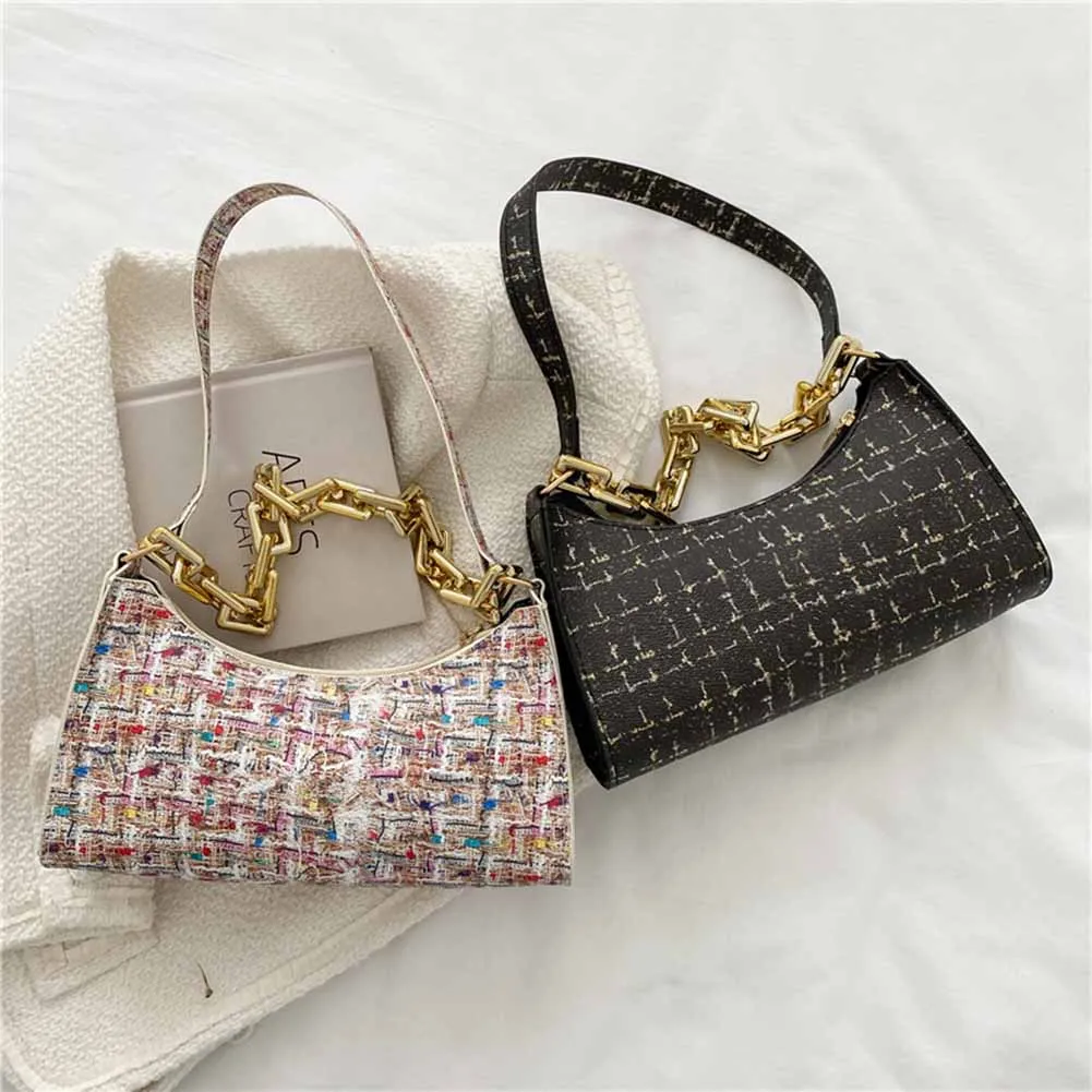 

Retro Women Plaid Printing PU Leather Shoulder Bags Casual Ladies Thick Chain Small Purse Handbags Summer Female Underarm Bag