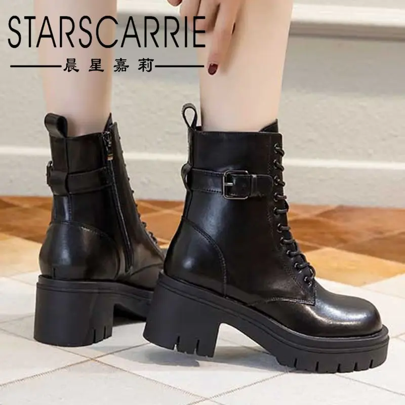 

British style riding boots female leather 2021 new belt buckle versatile motorcycle boots 8cm side zipper thick heel ankle boots
