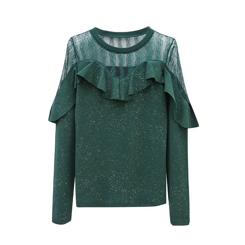 

Fashion women clothes korean 2020 new elegant female lace tops mesh stitching ruffles casual T shirt