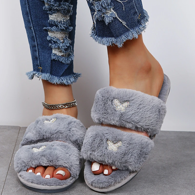 Autumn Winter Thick Faux Fur Fuzzy Slippers Home Cotton Shoes Women Butterfly Crystal Sweet Indoor Footwear Plush Flip Flops