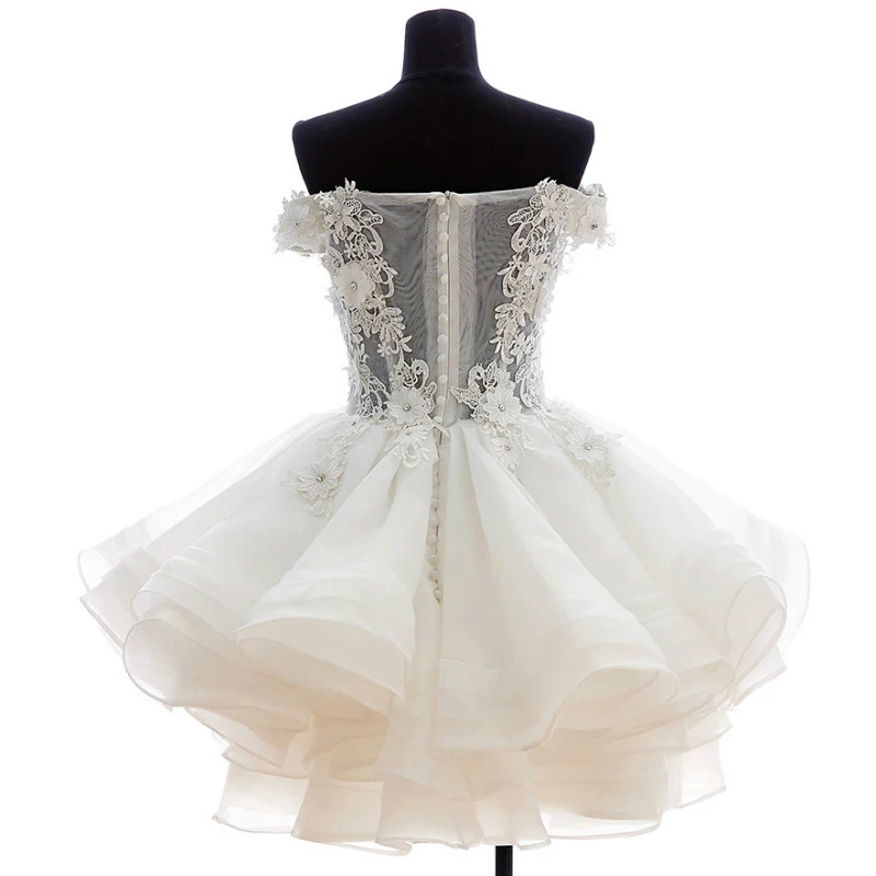 

AnXin SH princess little flower white lace dress party luxury Bride illusion boat neck beading crystal button wedding dress