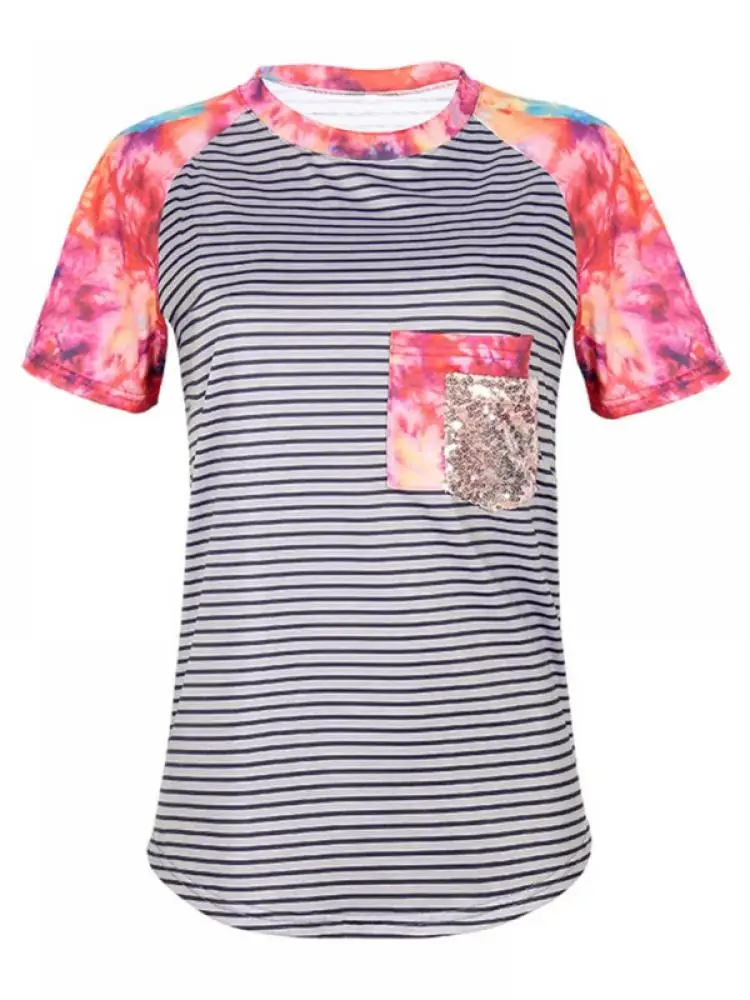 

Women Tie-dye Printing Tee Tops Stripe Patchwork O-neck Short Sleeve Pocket Casual Pocket Female Summer T-shirt