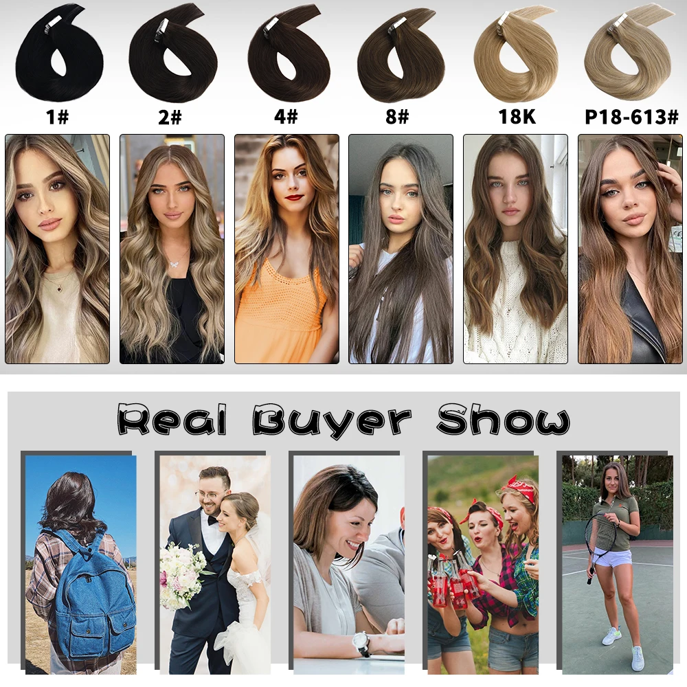 VLASY Tape In Human Hair Extension 100% Real Natural Machine-Made Remy Adhesive 12 -28Inch Extensions |