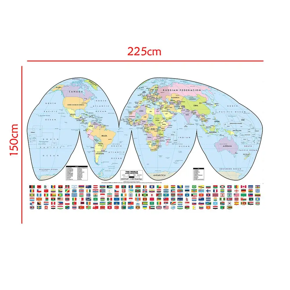 

225*150 см проекционная карта мира Goode с национальными флагами для образования и географических исследований, домашний декор