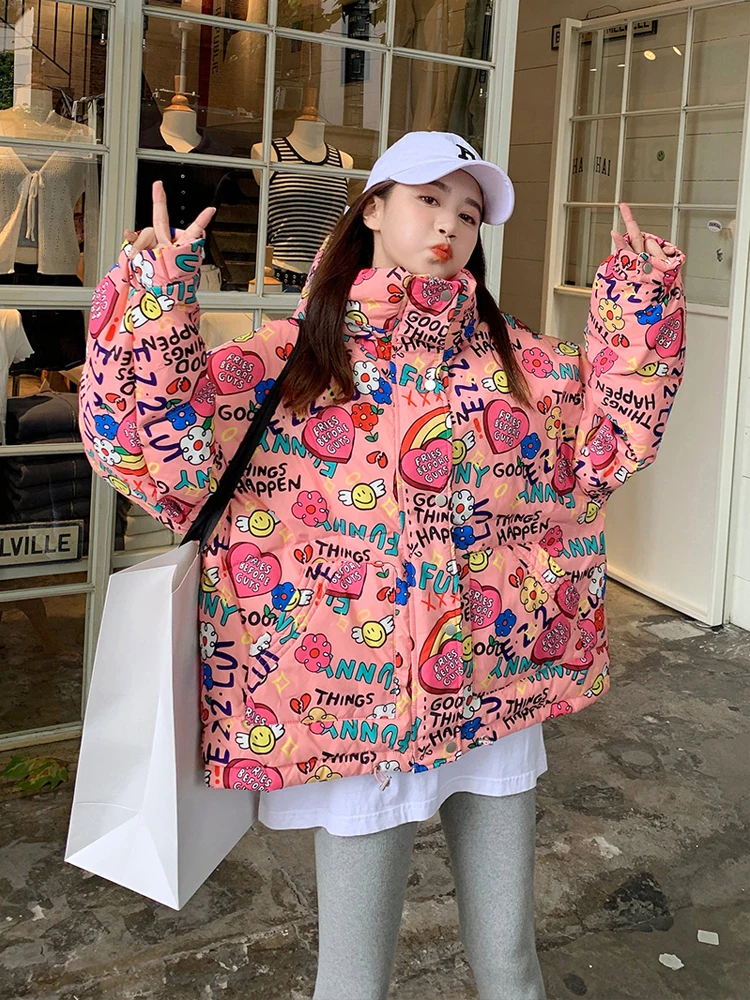 

Women's Winter Clothes 2021 Women Coat Hooded Warm Down Cotton Jacket The New Fashion Loose Thickened Candy Letter Print Garment