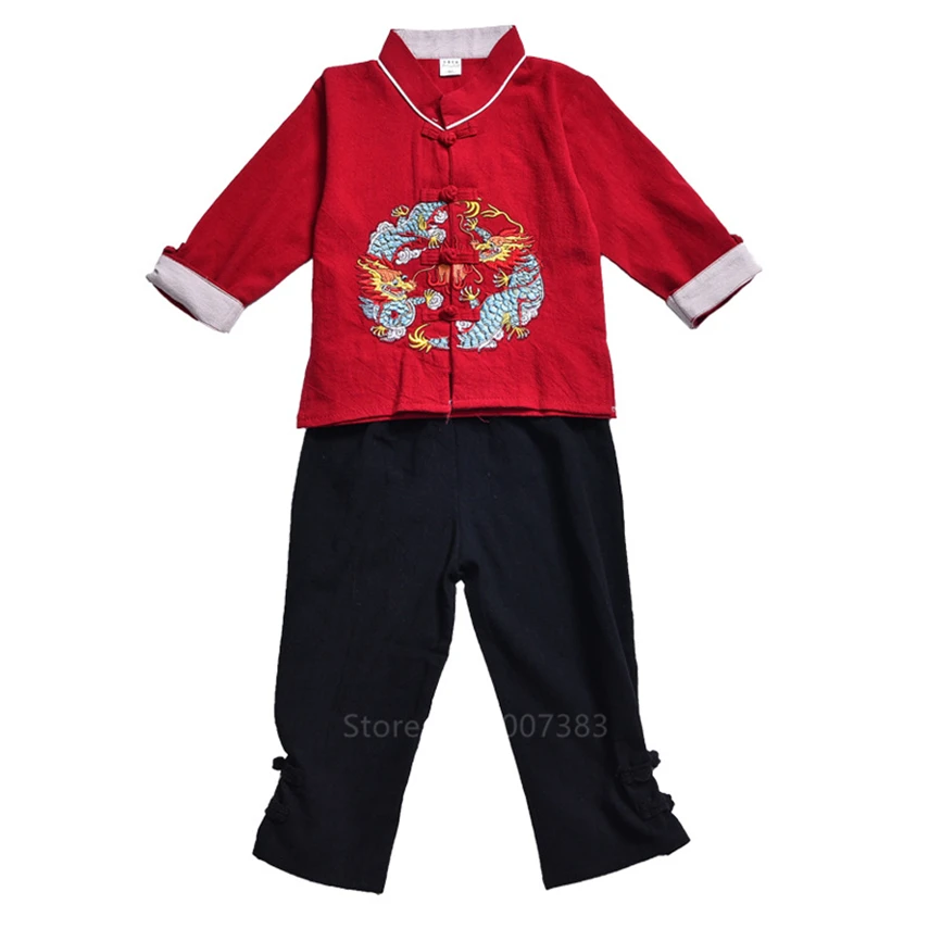 

Children Chinese Style Hanfu Boys 2PCS Traditional Dragon Embroidery Clothing Set Oriental New Year Linen Kung Fu Tang Suit