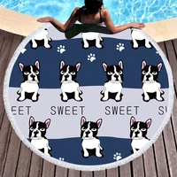 cartoon bulldog footprint beach towel microfiber towel roundie tassels blanket sport yoga swimming bath towel tapestry kids gift