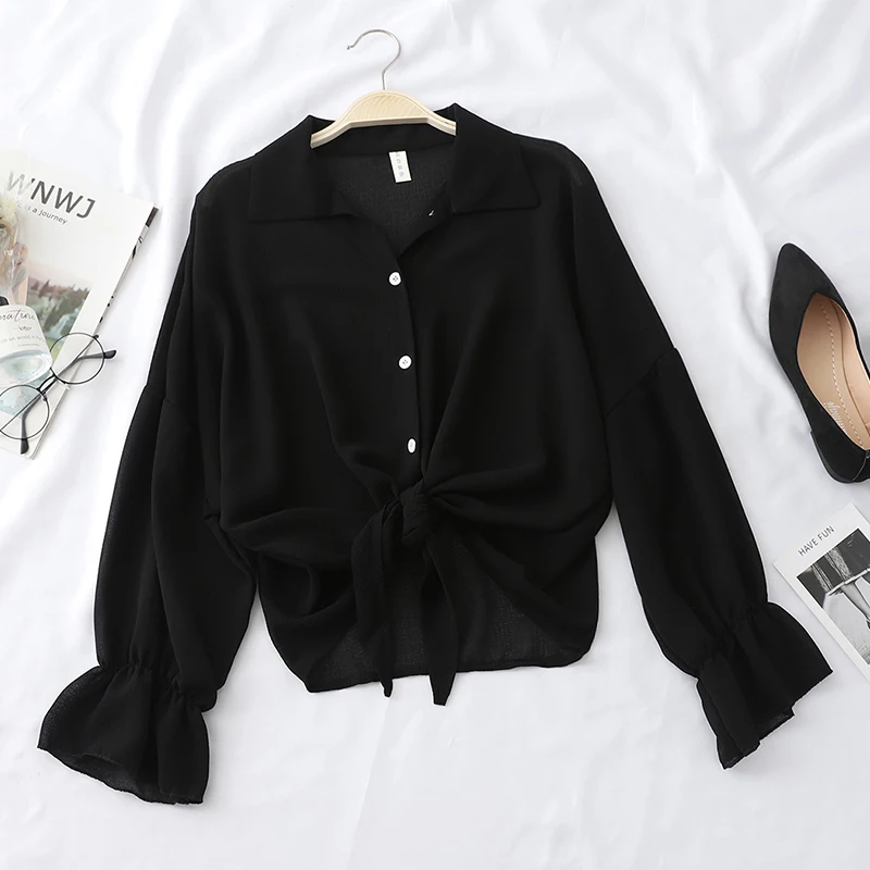 Блузка Женская Осенняя офисная на пуговицах с длинным рукавом и завязкой талии |