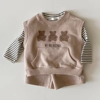 2021 autumn new baby boy clothes set long sleeved striped t shirtcartoon bear print waistcoatshorts 3pcs toddker girls suit