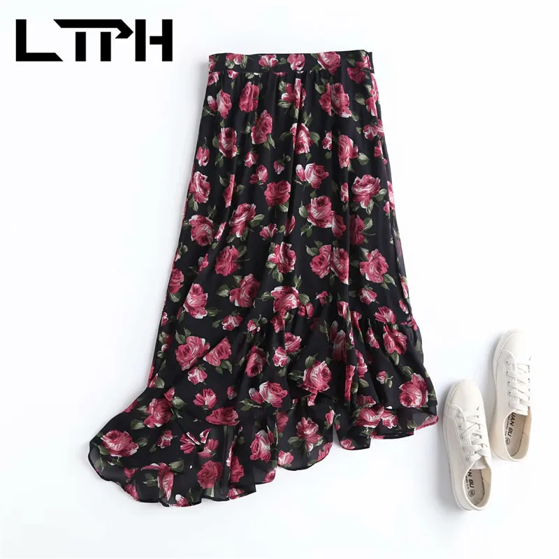 

LTPH classic Ruffles Irregular floral skirt High Waist mid-length chiffon woman skirts Thin comfortable 2021 Spring Summer New