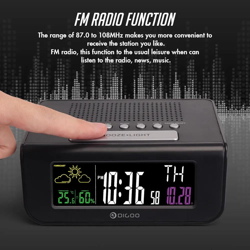 Digoo DG-FR100 цвет беспроводной FM радио часы цифровой Повтор двойной-будильник погоды Календарь Температура Влажность