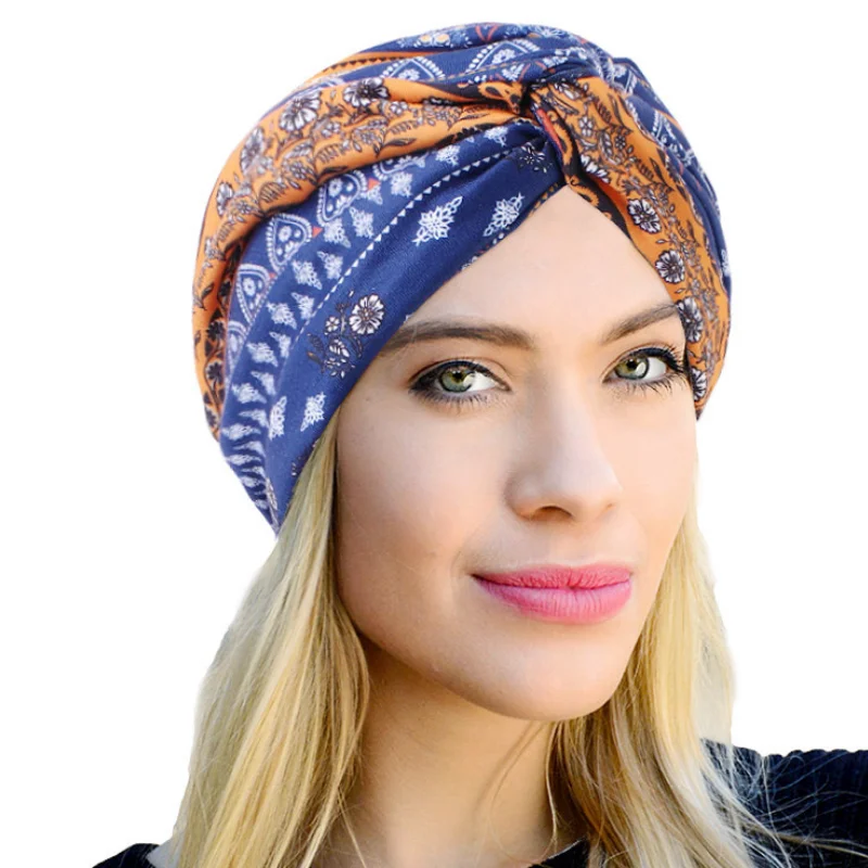 Trendy Bohemia Twisted Turban Cross Hat Cotton Print Muslim Women Head Scarf Head Hijab Cap Ladies Chemotherapy Hat