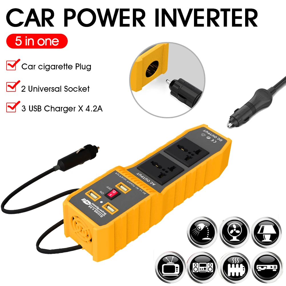 

200W Car Power Inverter DC 12V to AC 220V/110V Converter with Double AC Outlets 4.2A USB Ports 12V Cigarette Lighter Socket