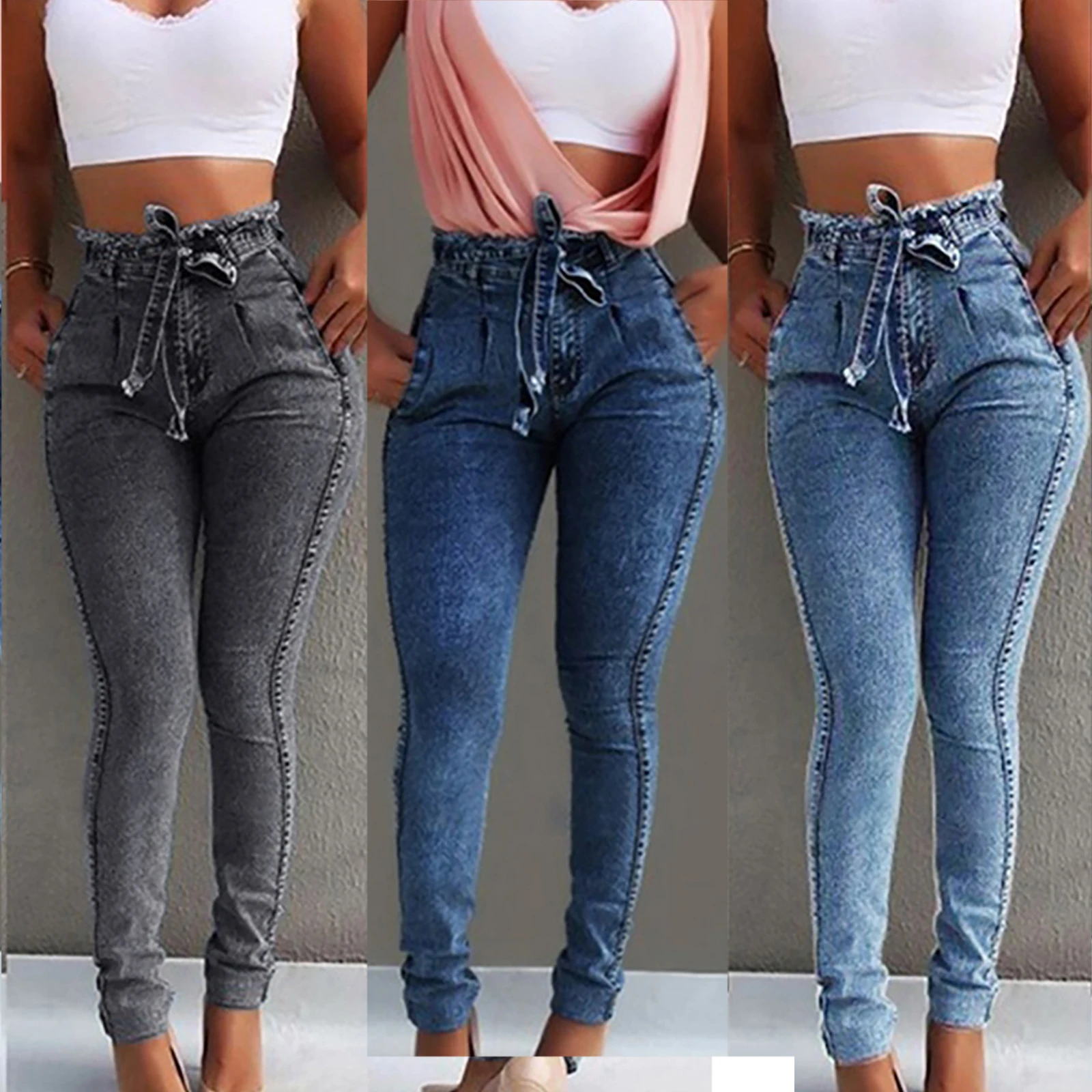 

Women High Waist Jeans Paper Bag Denim Jeans Skinny Stretch Pants Stacked Jeans Casual Slim Trousers Fashion Jeans Bottoms Pants