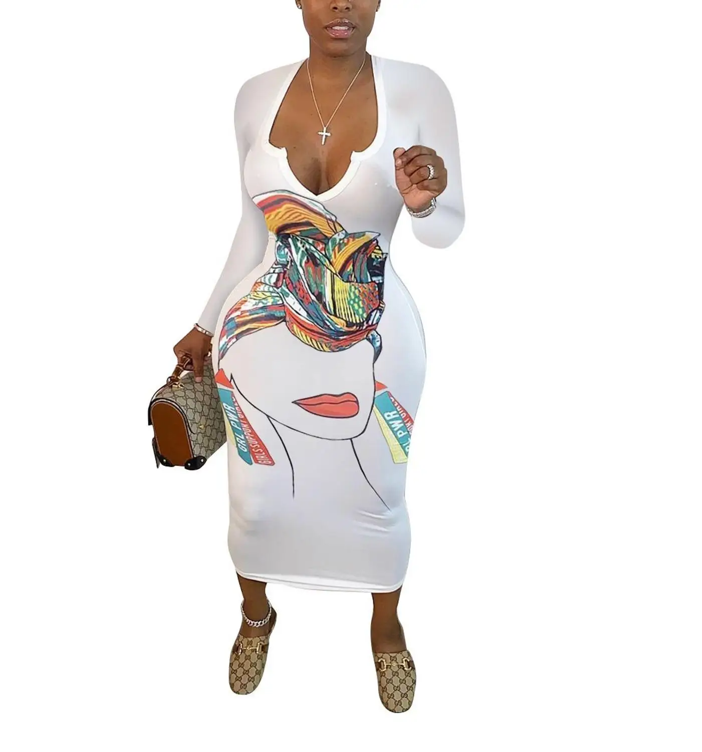 

Fashion Women Dress Deep V-Neck Long Sleeve Skinny Mid-Calf Printing Dress Suitable High Street Wear 2020 Autumn Hot Selling