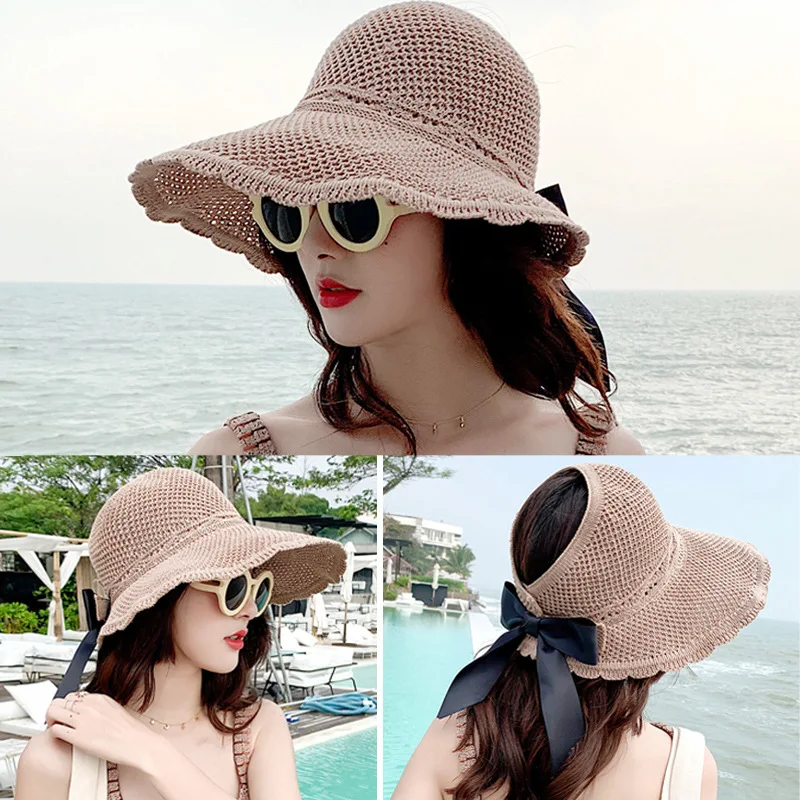 

New Style Raffia Hat Vacation Empty Top Sun Hat Bow Big Eaves Beach Sunscreen Sun Hat Visor Hat Beach Hat Summer Women