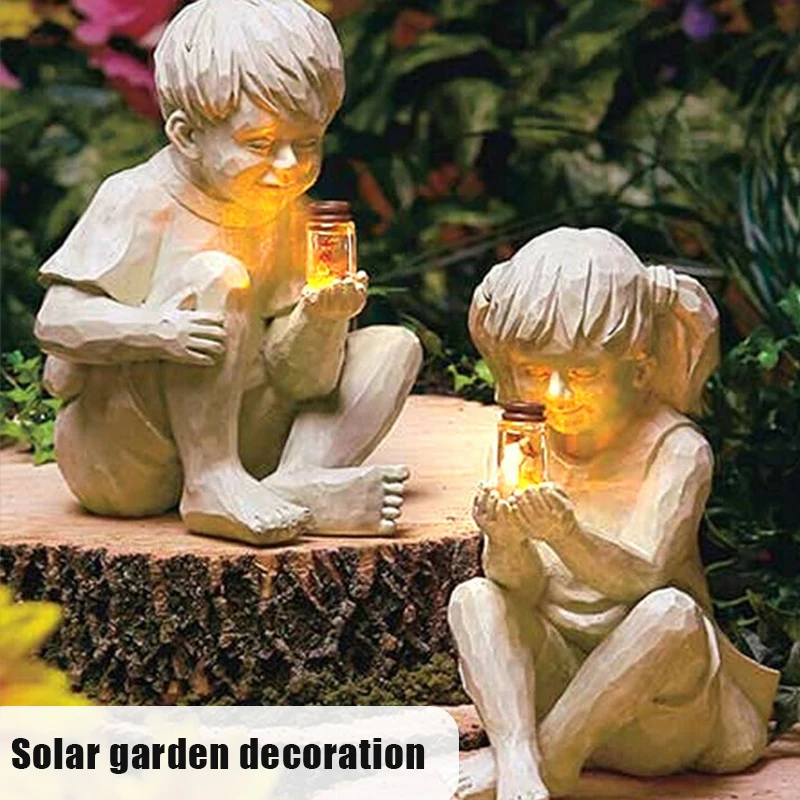 

Outdoor Statue Resin A Kid with Solar Fireflies Garden Creative Decoration Boy Girl Whimsical Flowerbed Yard Sculpture Decor