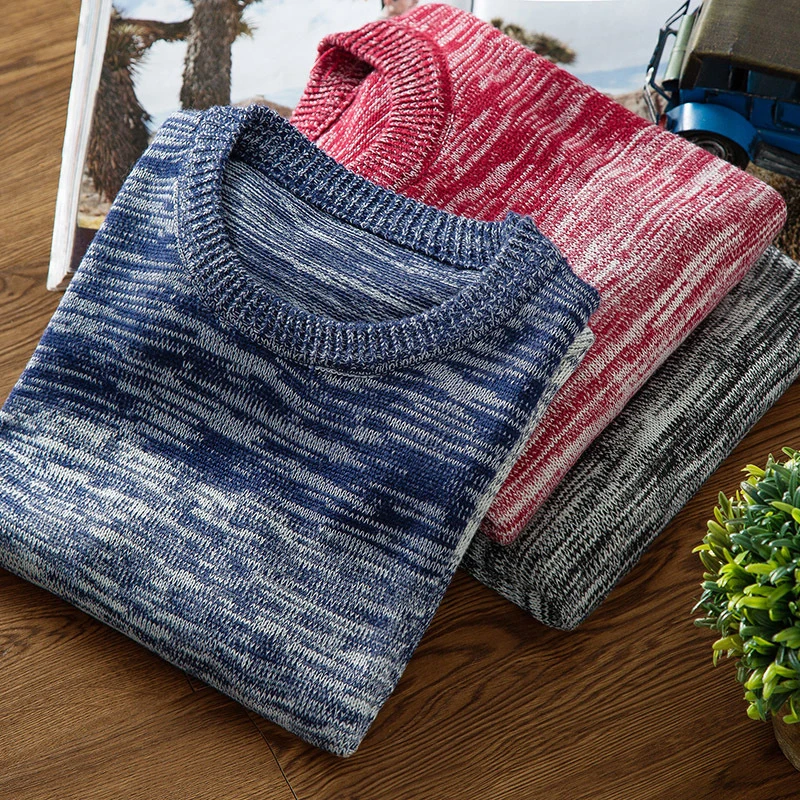 Мужской облегающий джемпер DIMUSI вязаный с круглым вырезом и длинными рукавами