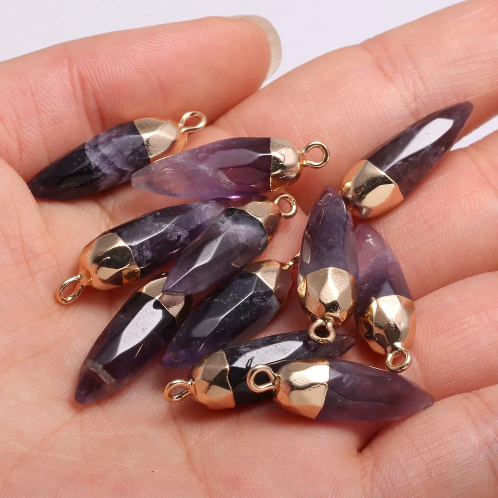 

2pcs Faceted Sharp Shape Natural Stone Amethysts Pendants For Jewelry Charm DIY Making Necklaces Accessories Gift Size 13x26mm
