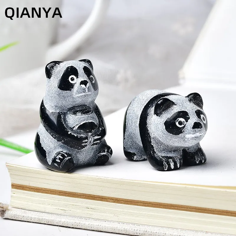 

Lovely Natural Crystal Obsidian Gemstone Carved Chinese Panda Crafts Healing Reiki Home Decoration Ornaments Holiday Gift