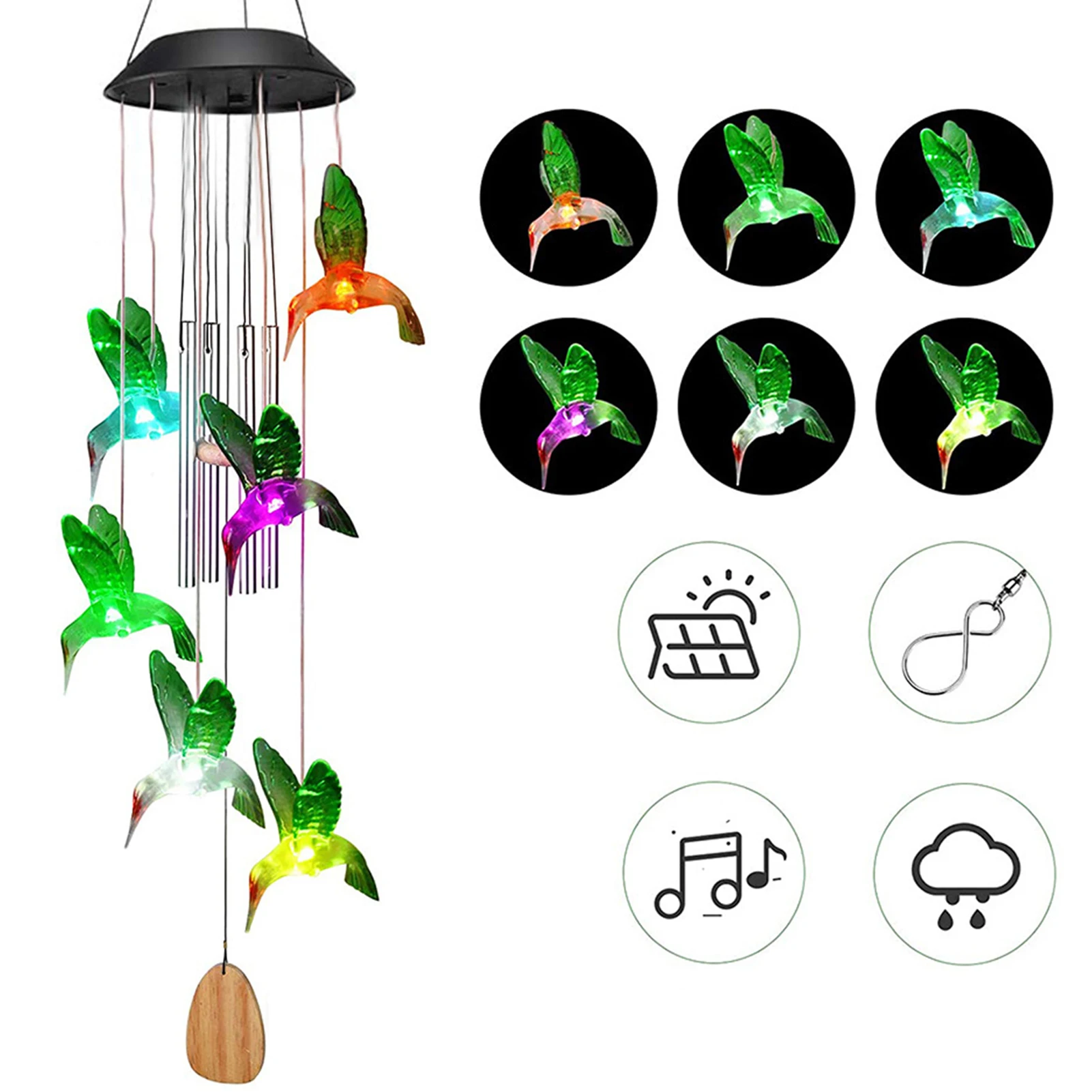 

Solar Wind Chimes Changing Colors Hummingbird Decorative Lamp Waterproof Outdoor Windchime Light for Patio Yard Garde