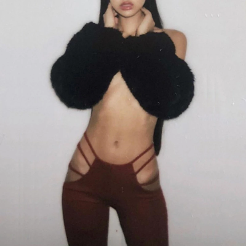 

Women Black Sexy Cut Out Pants Slim Fitness Sweat Pants Hollow Out Flare Trousers Streetwear Bell-Bottomed Pants