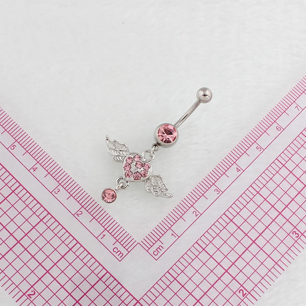 Женское кольцо для пирсинга живота розовое с кристаллами в форме сердца крыла