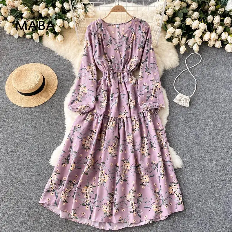 

Autumn Women's Long Sleeved Long Dress V-neck Elastic Waist Retro Floral Ankle Length Dress Elegant Chic Party Midi Dress 2021