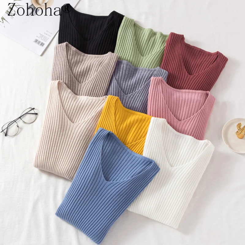 

Zohoha Basic V-neck Women Sweaters 2021 Autumn Winter Thick Warm Pullover Slim Tops Ribbed Knitted Jumper Soft Pull Female
