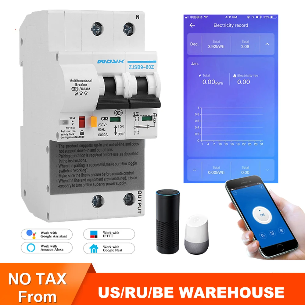 

2p WiFi Smart Energy monitoring Circuit Breaker with meter function work with Alexa and Google home for smart home