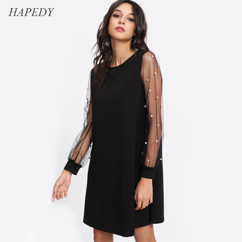 Женское Сетчатое платье туника HAPEDY черное ТРАПЕЦИЕВИДНОЕ ПЛАТЬЕ С Длинными